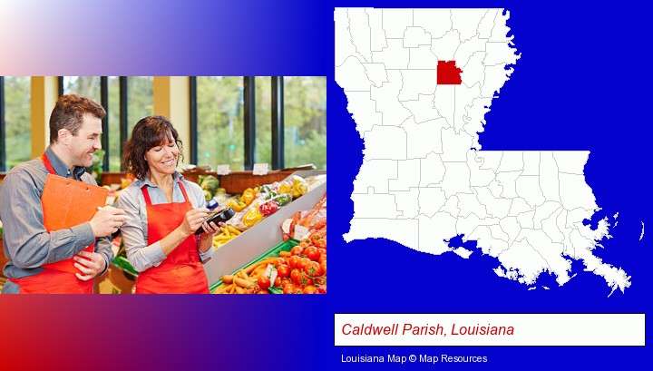 two grocers working in a grocery store; Caldwell Parish, Louisiana highlighted in red on a map