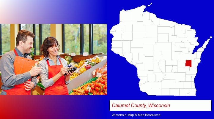two grocers working in a grocery store; Calumet County, Wisconsin highlighted in red on a map
