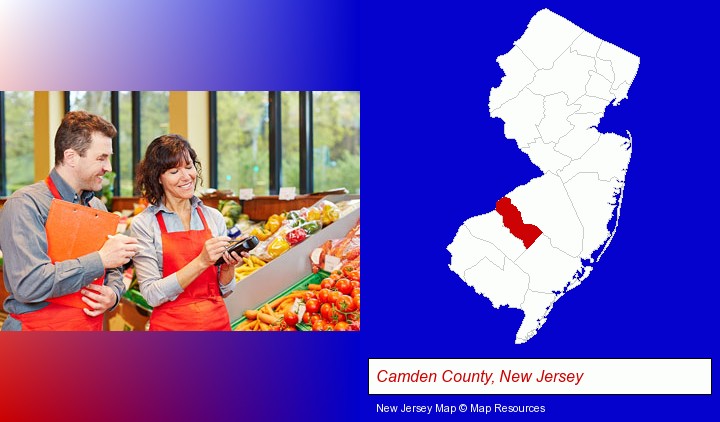 two grocers working in a grocery store; Camden County, New Jersey highlighted in red on a map