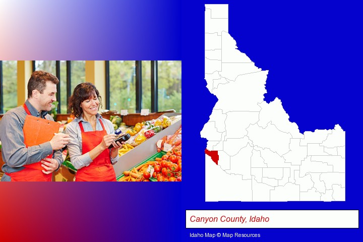 two grocers working in a grocery store; Canyon County, Idaho highlighted in red on a map