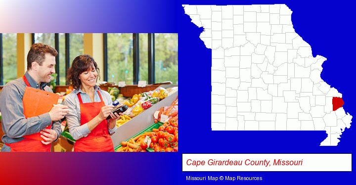 two grocers working in a grocery store; Cape Girardeau County, Missouri highlighted in red on a map