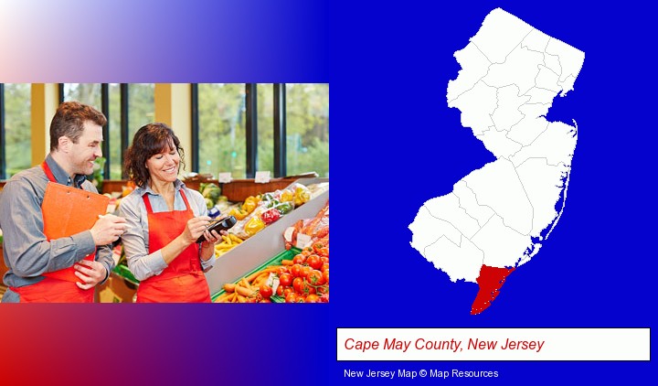two grocers working in a grocery store; Cape May County, New Jersey highlighted in red on a map