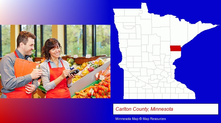 two grocers working in a grocery store; Carlton County, Minnesota highlighted in red on a map