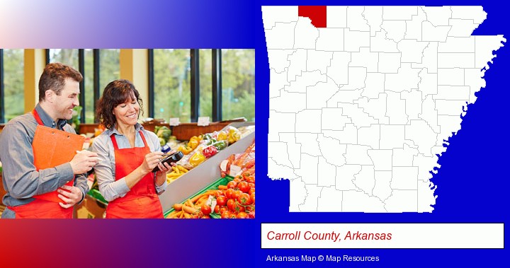 two grocers working in a grocery store; Carroll County, Arkansas highlighted in red on a map