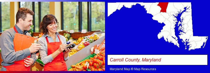 two grocers working in a grocery store; Carroll County, Maryland highlighted in red on a map
