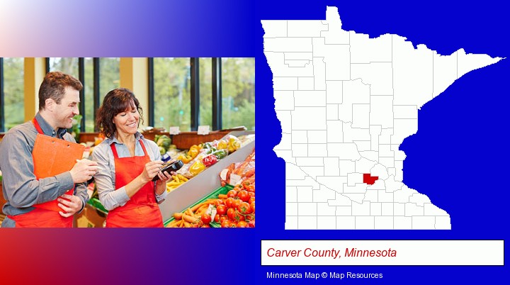 two grocers working in a grocery store; Carver County, Minnesota highlighted in red on a map