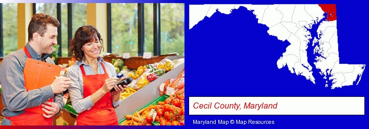 two grocers working in a grocery store; Cecil County, Maryland highlighted in red on a map