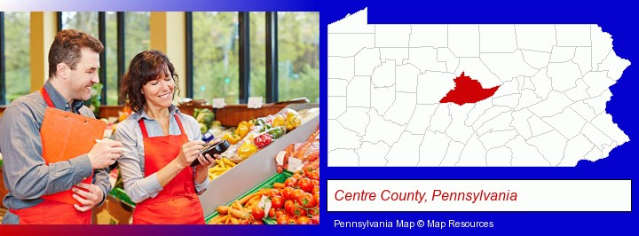 two grocers working in a grocery store; Centre County, Pennsylvania highlighted in red on a map