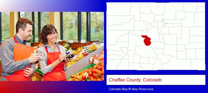 two grocers working in a grocery store; Chaffee County, Colorado highlighted in red on a map