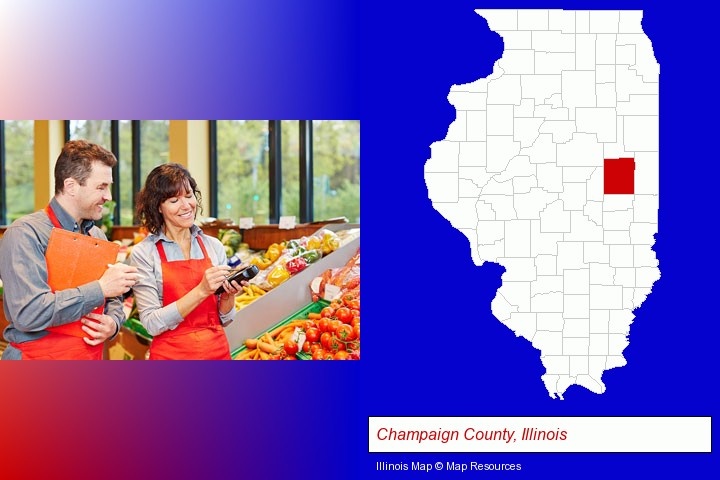 two grocers working in a grocery store; Champaign County, Illinois highlighted in red on a map