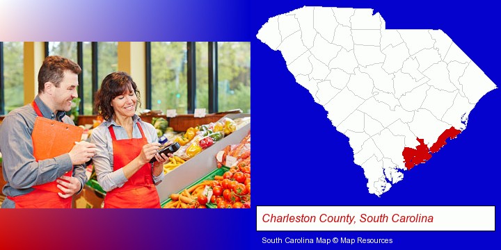 two grocers working in a grocery store; Charleston County, South Carolina highlighted in red on a map