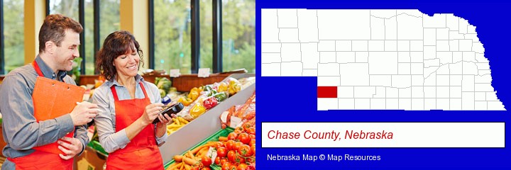 two grocers working in a grocery store; Chase County, Nebraska highlighted in red on a map
