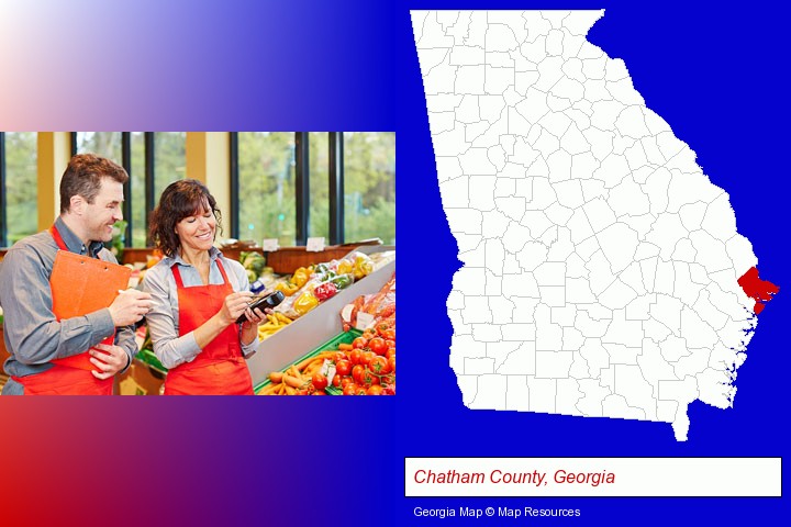 two grocers working in a grocery store; Chatham County, Georgia highlighted in red on a map