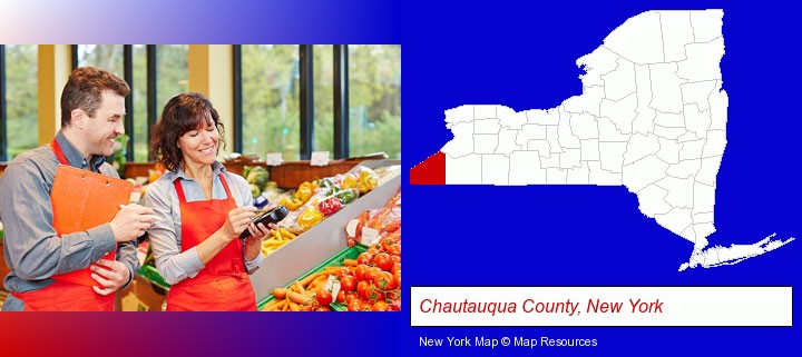 two grocers working in a grocery store; Chautauqua County, New York highlighted in red on a map