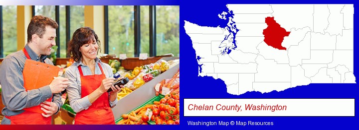 two grocers working in a grocery store; Chelan County, Washington highlighted in red on a map