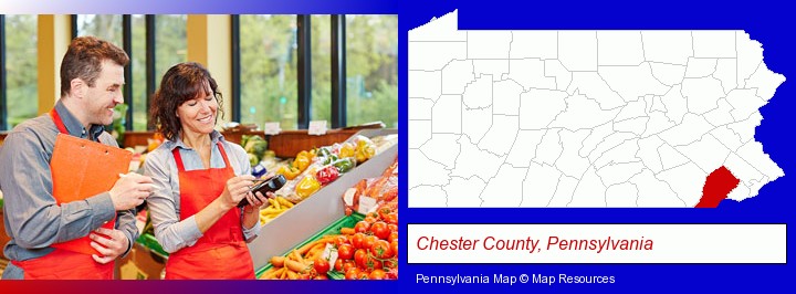 two grocers working in a grocery store; Chester County, Pennsylvania highlighted in red on a map
