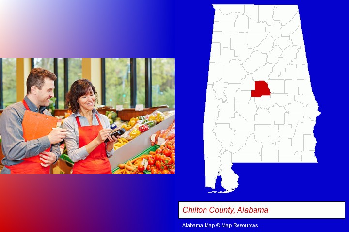 two grocers working in a grocery store; Chilton County, Alabama highlighted in red on a map