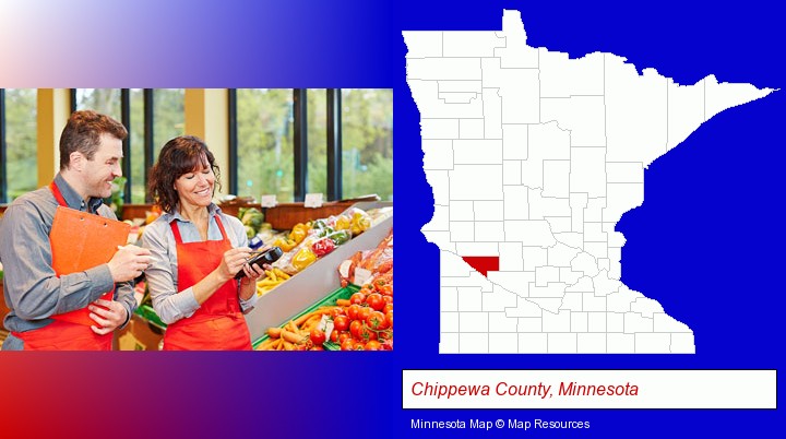 two grocers working in a grocery store; Chippewa County, Minnesota highlighted in red on a map