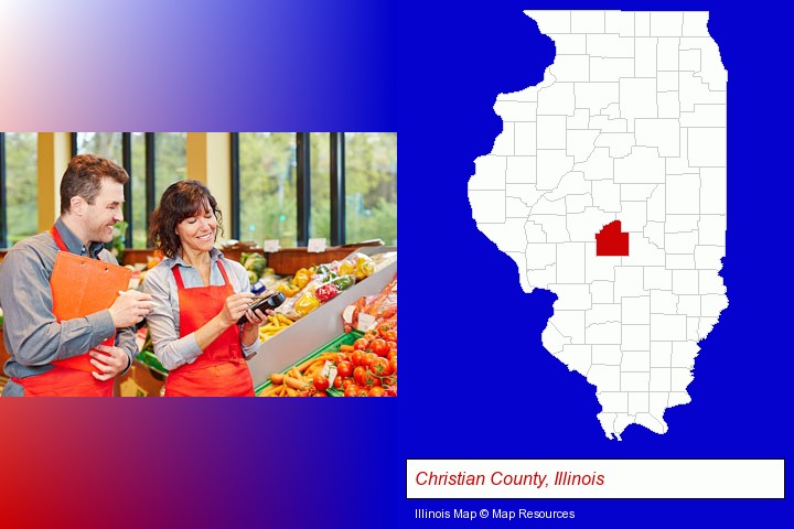 two grocers working in a grocery store; Christian County, Illinois highlighted in red on a map