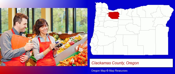 two grocers working in a grocery store; Clackamas County, Oregon highlighted in red on a map
