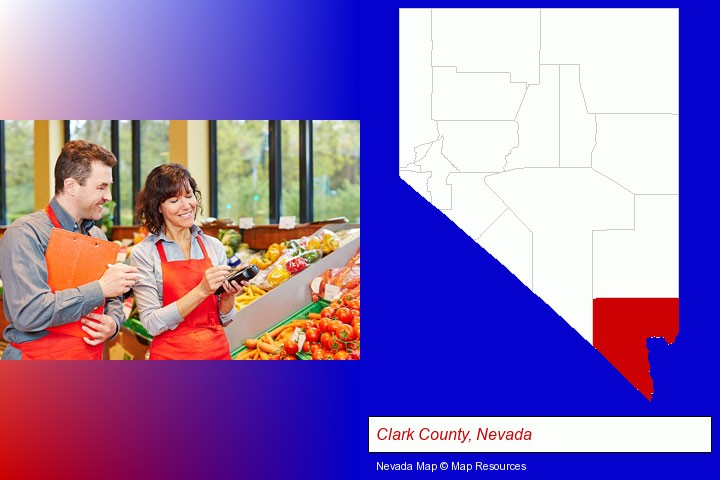 two grocers working in a grocery store; Clark County, Nevada highlighted in red on a map