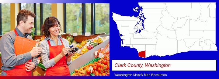 two grocers working in a grocery store; Clark County, Washington highlighted in red on a map