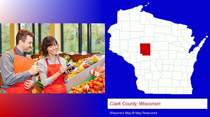 two grocers working in a grocery store; Clark County, Wisconsin highlighted in red on a map