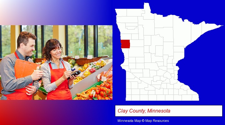 two grocers working in a grocery store; Clay County, Minnesota highlighted in red on a map
