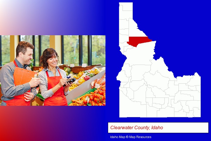 two grocers working in a grocery store; Clearwater County, Idaho highlighted in red on a map