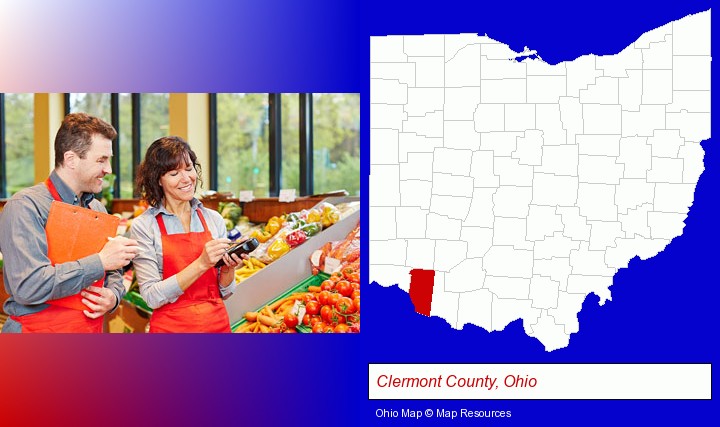two grocers working in a grocery store; Clermont County, Ohio highlighted in red on a map