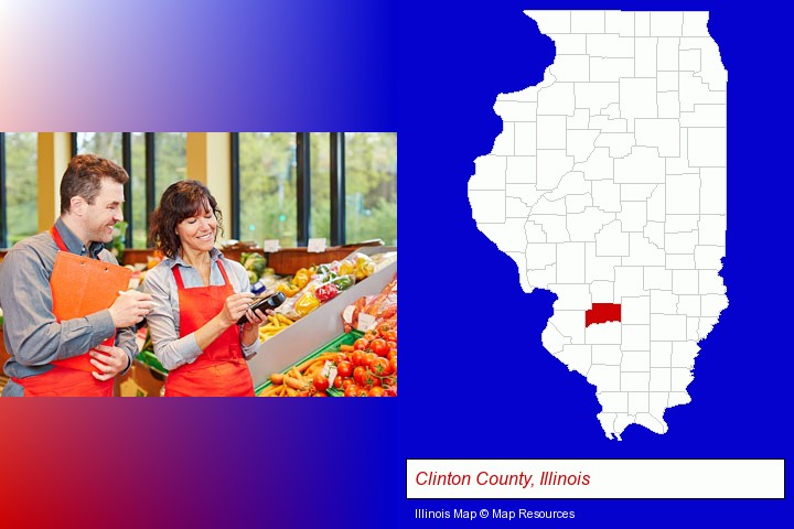 two grocers working in a grocery store; Clinton County, Illinois highlighted in red on a map