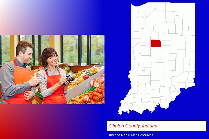 two grocers working in a grocery store; Clinton County, Indiana highlighted in red on a map