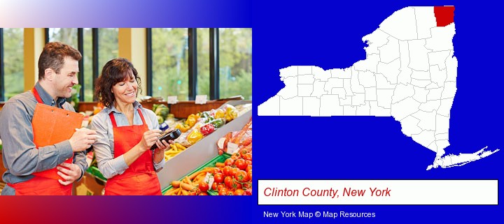 two grocers working in a grocery store; Clinton County, New York highlighted in red on a map