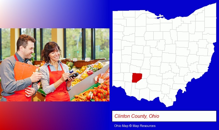 two grocers working in a grocery store; Clinton County, Ohio highlighted in red on a map