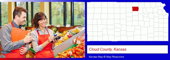 two grocers working in a grocery store; Cloud County, Kansas highlighted in red on a map