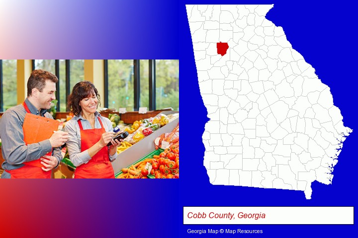 two grocers working in a grocery store; Cobb County, Georgia highlighted in red on a map