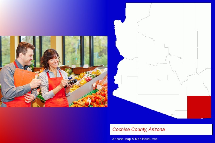 two grocers working in a grocery store; Cochise County, Arizona highlighted in red on a map