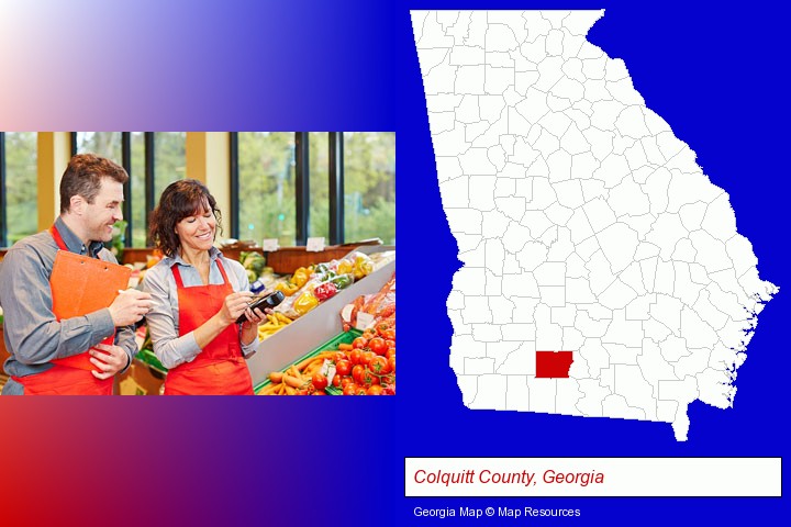 two grocers working in a grocery store; Colquitt County, Georgia highlighted in red on a map