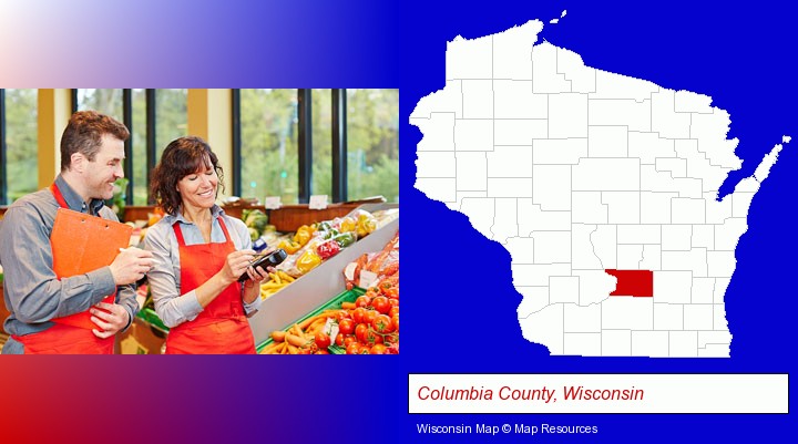two grocers working in a grocery store; Columbia County, Wisconsin highlighted in red on a map