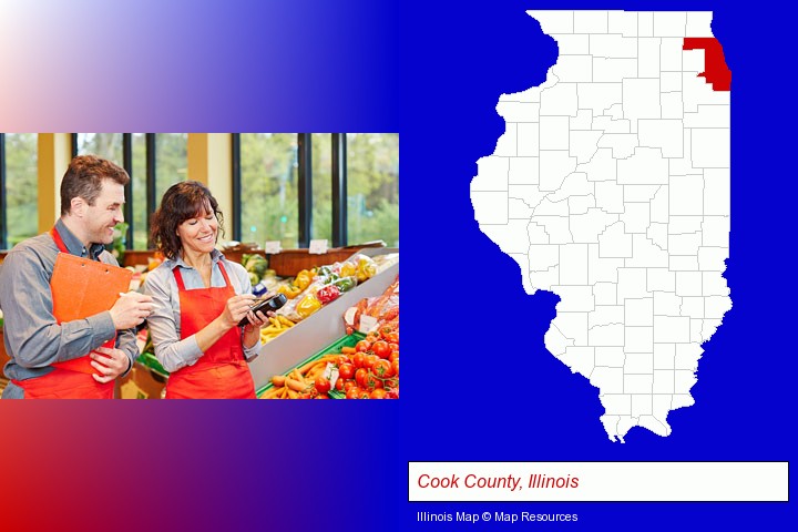 two grocers working in a grocery store; Cook County, Illinois highlighted in red on a map