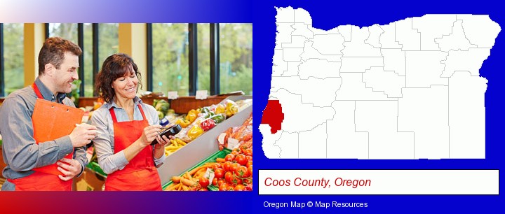 two grocers working in a grocery store; Coos County, Oregon highlighted in red on a map