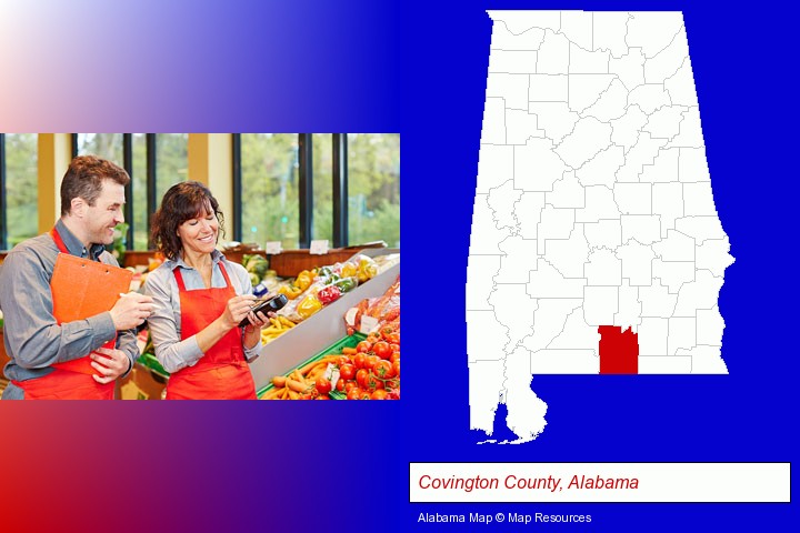 two grocers working in a grocery store; Covington County, Alabama highlighted in red on a map