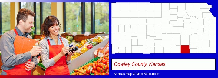 two grocers working in a grocery store; Cowley County, Kansas highlighted in red on a map