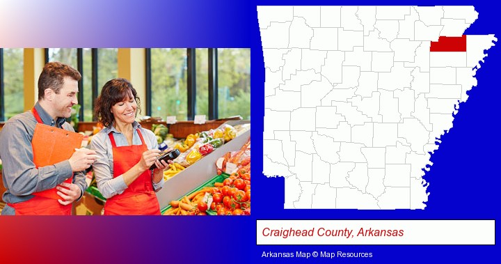 two grocers working in a grocery store; Craighead County, Arkansas highlighted in red on a map