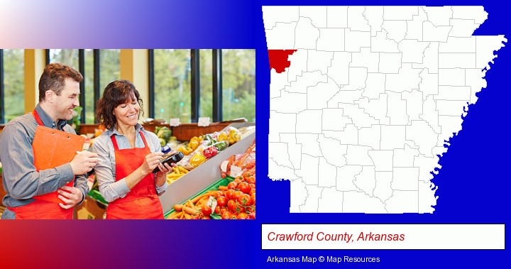 two grocers working in a grocery store; Crawford County, Arkansas highlighted in red on a map