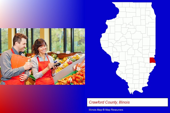 two grocers working in a grocery store; Crawford County, Illinois highlighted in red on a map