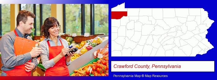 two grocers working in a grocery store; Crawford County, Pennsylvania highlighted in red on a map