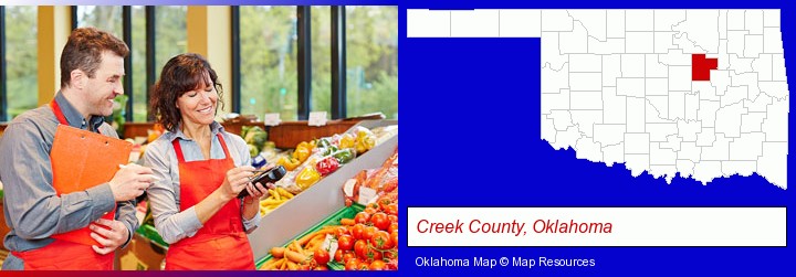 two grocers working in a grocery store; Creek County, Oklahoma highlighted in red on a map