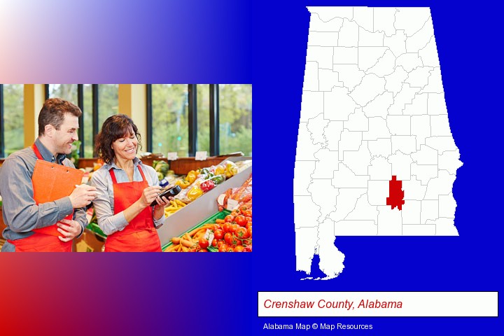 two grocers working in a grocery store; Crenshaw County, Alabama highlighted in red on a map