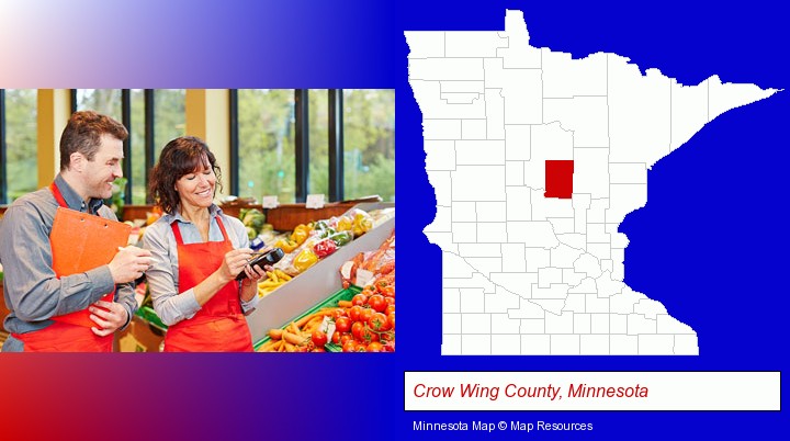 two grocers working in a grocery store; Crow Wing County, Minnesota highlighted in red on a map